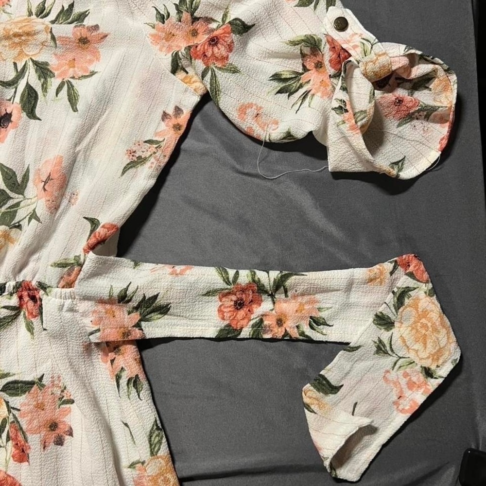 J for Justify Floral V-Neck Belted Dress White Orange Small Metallic Stripe - Picture 5 of 6